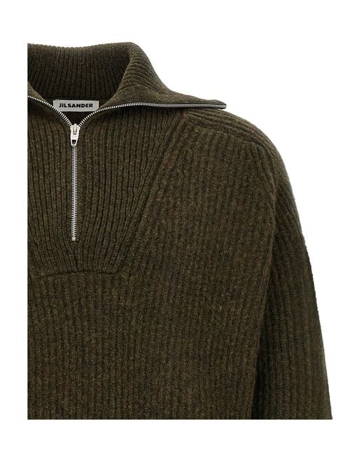 Jil Sander Green Ribbed Half-Zip Sweater for men