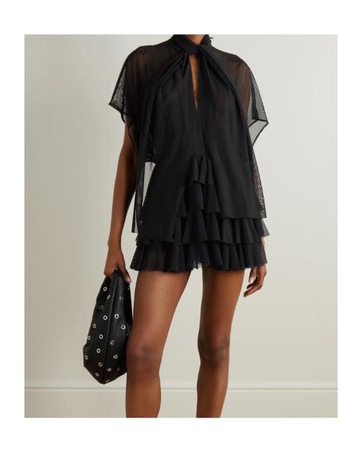 Norma Kamali Black Lauren Bow-Detailed Tiered Ruffled Mini Dress