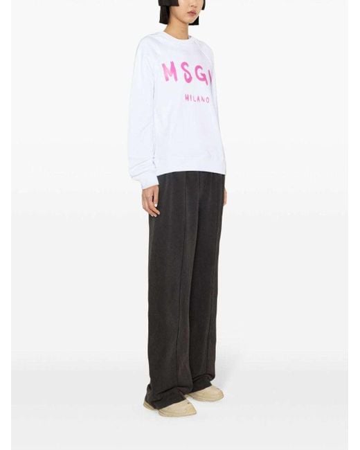 MSGM White Logo-Printed Crewneck Sweatshirt