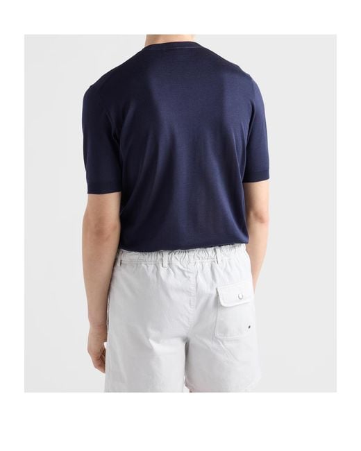 Prada Blue Short-Sleeved Silk Sweater for men