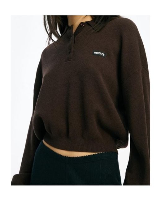 ROTATE BIRGER CHRISTENSEN Brown Long Sleeved Cropped Knit Polo Shirt