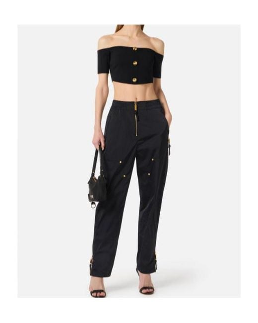 Elisabetta Franchi Black Off-Shoulder Button Knitted Top