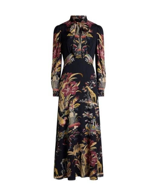 Etro Black Long Dress With Silk Scarf And Placed Flower And Animal Print