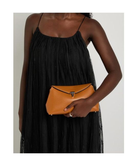 Totême Brown T-Lock Grained Leather Clutch