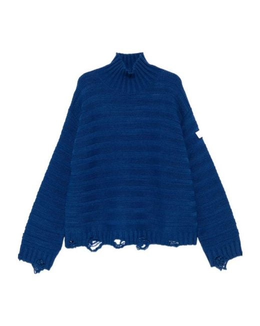 MM6 by Maison Margiela Blue High-Neck Drop-Shoulder Distressed Jumper for men