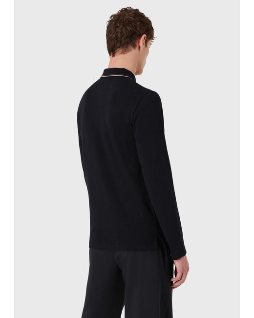 Emporio Armani Blue Micro Eagle Embroidered Long-Sleeved Stretch Pique Polo Shirt for men