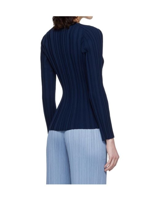 Pleats Please Issey Miyake Blue Ribbed Knit Crew Neck Top