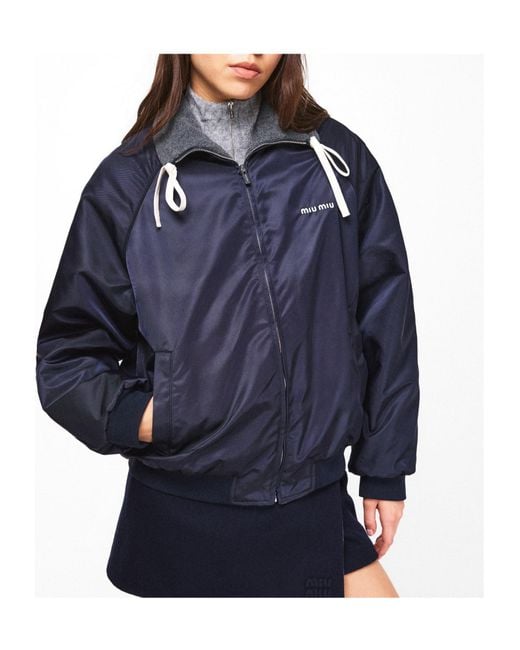 Miu Miu Blue Zip-Up Nylon Bomber Jacket