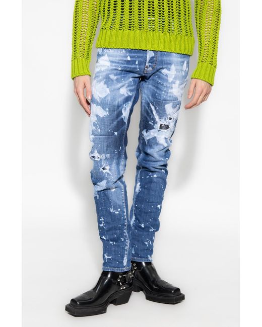 DSquared² Blue Paint-Splatter Distressed Straight-Leg Jeans for men