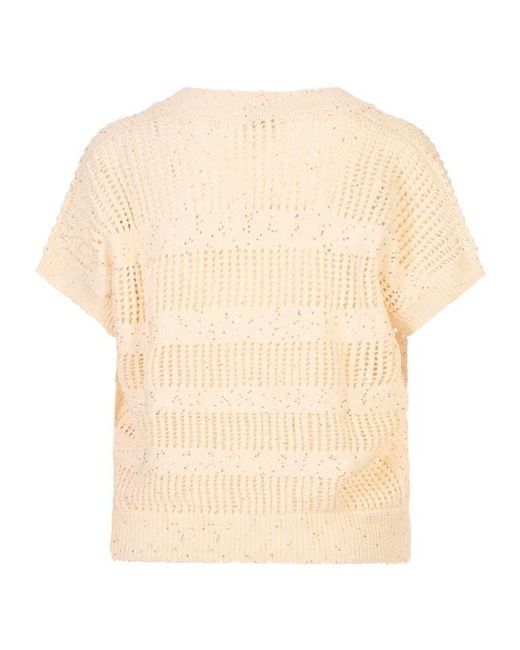 Peserico Natural Short-Sleeved V-Neck Open Knit Top