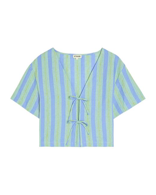 Staud Blue Ava Striped Tie-Front Linen Blouse