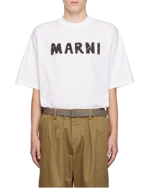 Marni White Logo Printed Crewneck T-Shirt for men
