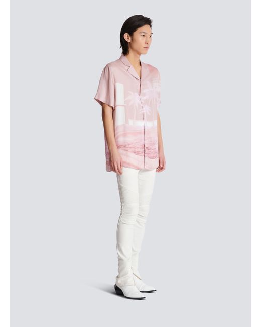 Balmain Pink Twill Palm Tree Print Shirt for men