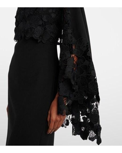 Oscar de la Renta Black Floral Guipure Wool Midi Dress