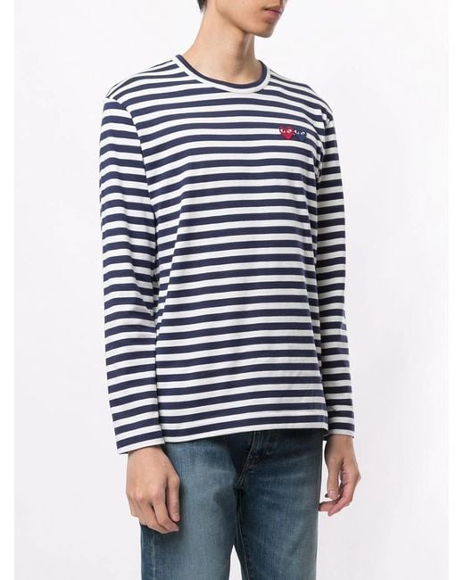 COMME DES GARÇONS PLAY Blue Heart Appliquéd Striped T-Shirt for men
