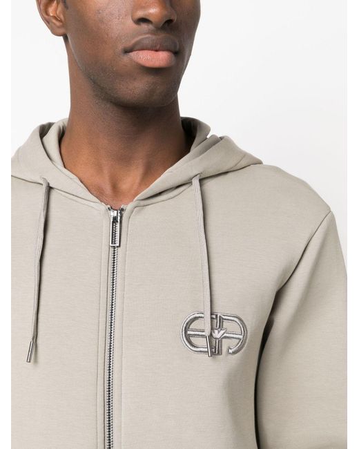 Emporio Armani Natural Logo-Embroidered Zipped Drawstring Hoodie for men