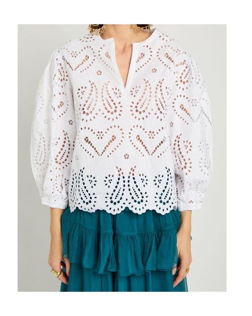 Etro White Open-Embroidery Cotton-Blend Blouse