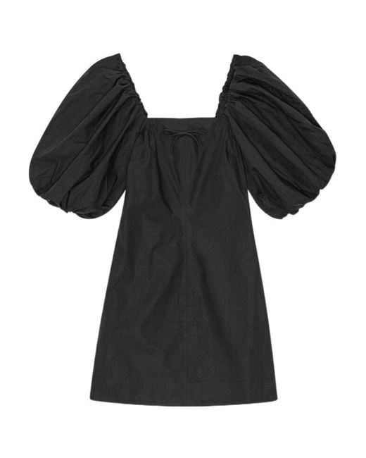 Ganni Black Poplin Puff-Sleeved Mini Dress