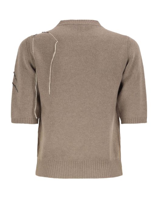 Fabiana Filippi Brown Rhinestone Short-Sleeve Knitted Sweater
