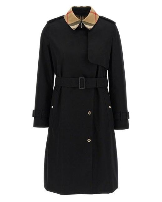 Burberry Black Long Check Collar Gabardine Trench Coat