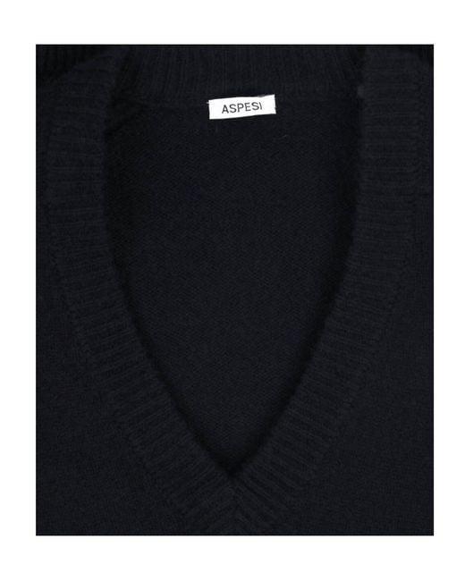 Aspesi Black Ribbed V-Neck Knit Top