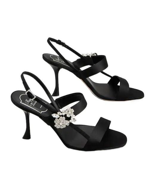 Roger Vivier Black Efflorescence Satin Sandals