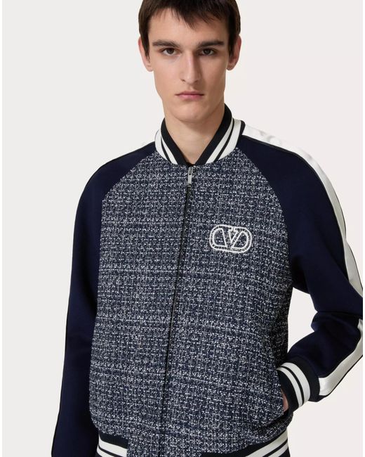Valentino Blue Logo Embroidered Zip-Up Tweed Jacket for men