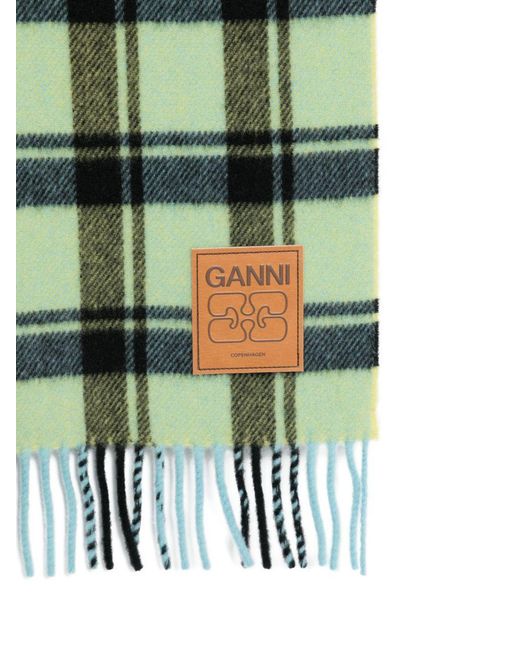 Ganni Green Logo Patch Checked Fringed Scarf