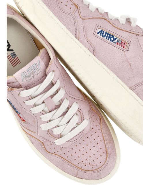 Autry Pink Logo Embroidered Lace-Up Sneakers