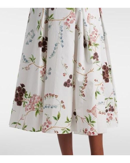 Erdem White Floral Pleated Cotton Poplin Midi Skirt