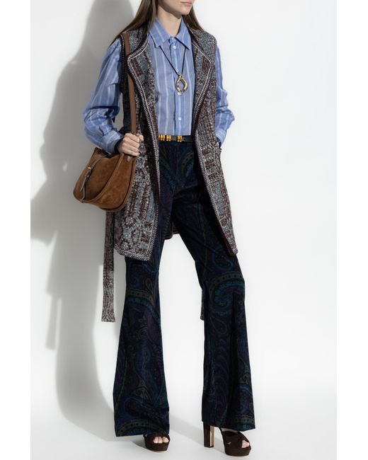 Etro Blue Floral Jacquard Flared Corduroy Trousers