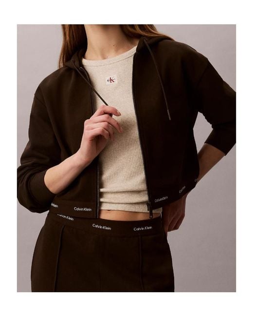 Calvin Klein Black Logo-Tape Cropped Zip-Up Hoodie