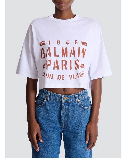 Balmain White Plage Cropped Logo T-Shirt