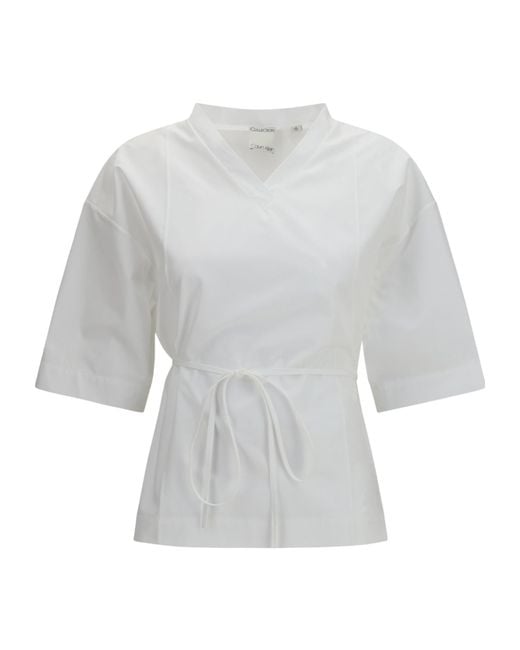 Calvin Klein White Lynn Tie-Waist Cropped Shirt