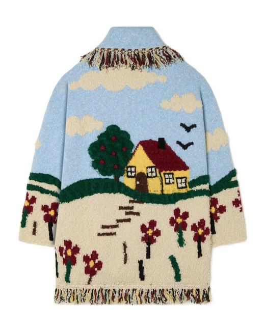 Alanui Blue Casa Fringed Intarsia-Knit Cardi-Coat