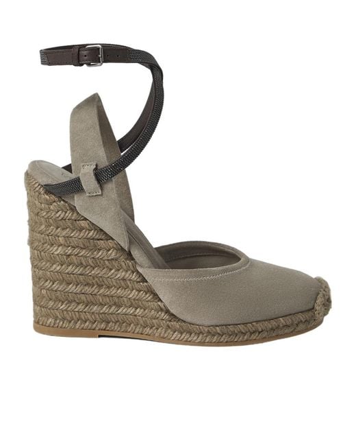 Brunello Cucinelli Brown Monili-Embellished Suede Wedge Sandals