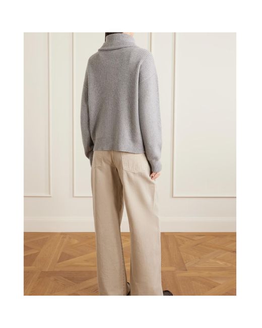 The Elder Statesman Gray Runyon Ribbed Cashmere Turtleneck Half-Zip Sweater