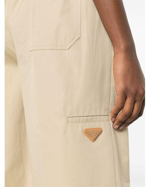 Prada Natural Triangle-Logo Plaque Wide-Leg Pants