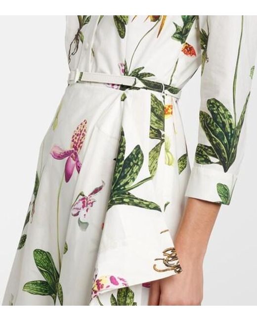 Oscar de la Renta White Floral Pleated Cotton-Blend Poplin Midi Dress