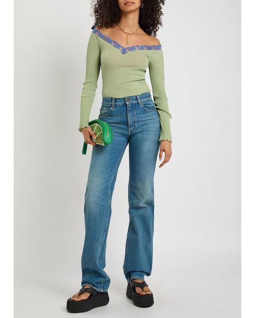 Chloé Green V-Neck Lace Trim Top