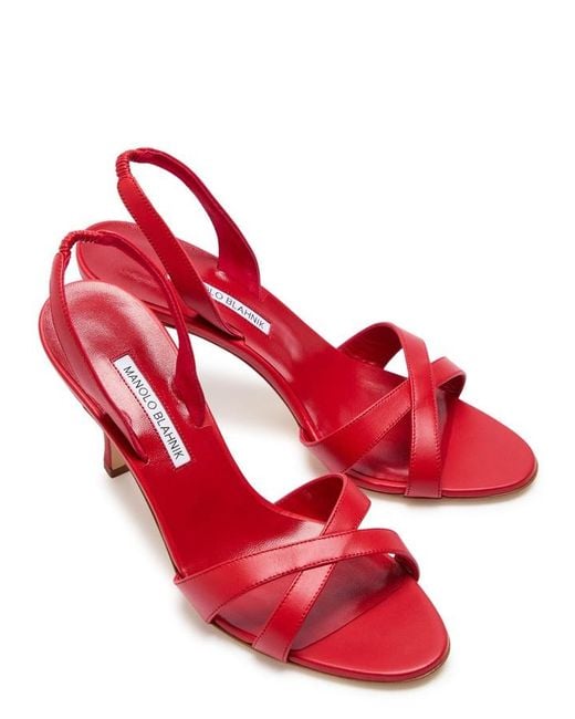 Manolo Blahnik Red Callasli 90 Leather Slingback Sandals