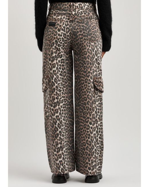 Ganni Gray Leopard-Print Straight-Leg Cargo Jeans