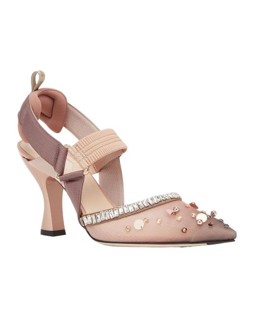 Fendi Pink Mesh And Crystals High-Heeled Slingbacks
