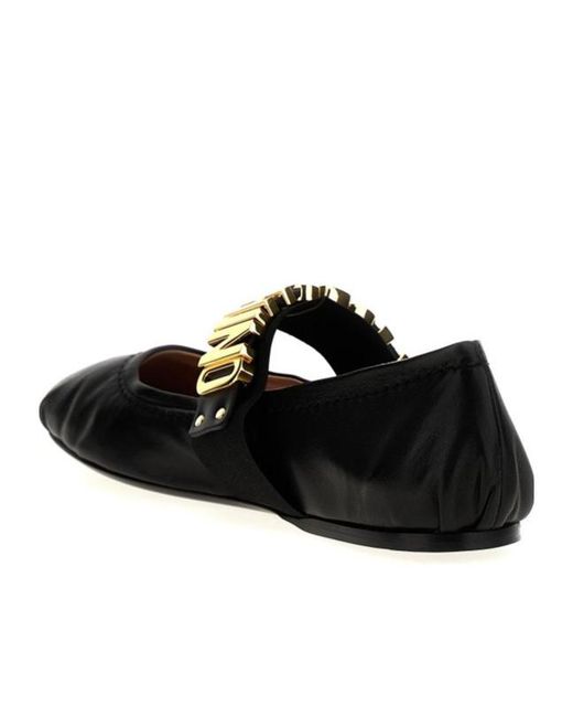 Moschino Black Logo-Lettering Leather Ballerina Shoes