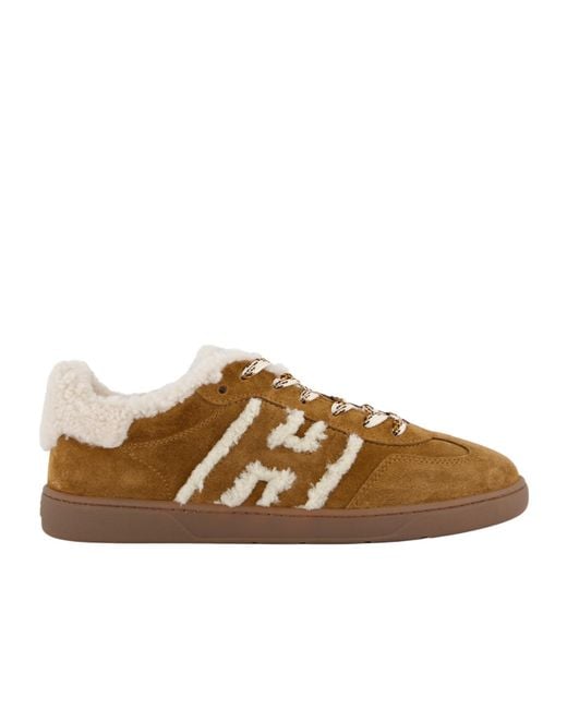 Hogan Brown H86 Shearling-Trim Sneakers