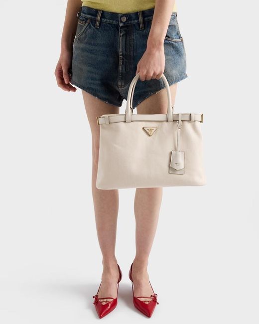 Prada Natural Logo-Plaque Medium Top Handle Bag