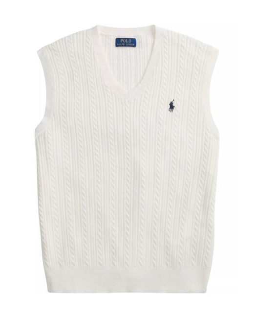 Polo Ralph Lauren White Sleeveless Featherweight Cable Knit V-Neck Sweater Vest for men