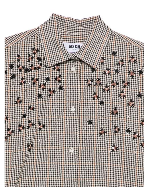 MSGM Gray Long Sleeved Checked Embellished Shirt