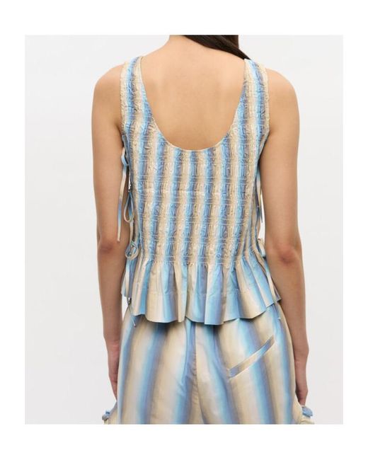 Ganni Blue Ombre Striped Smock Tie Top