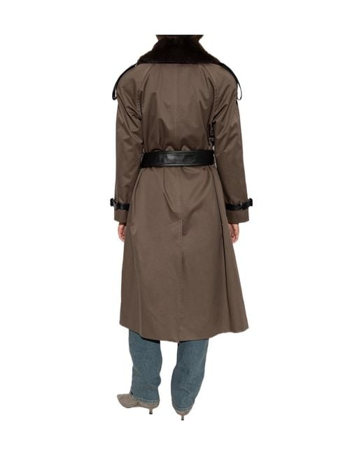 Burberry Brown Long Cotton Trench Coat With Buffalo Leather Collar